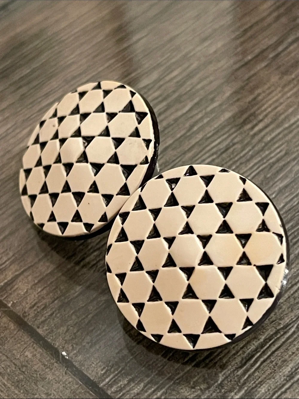 Vintage Round Button Clip Earrings with Geometric Pattern